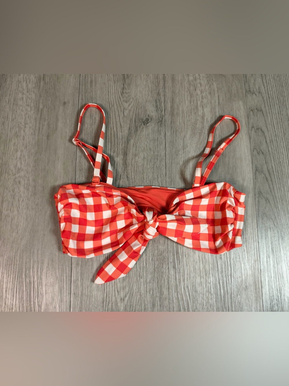 aerie Women’s Bandeau Tie Front Bikini Swim Top Orange White Gingham Tie Sz M